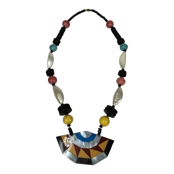 Vintage Inlay Acrylic Shell Necklace Long Beaded Statement MOP Mother Of Pearl - Picture 7 of 7